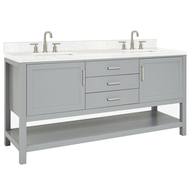 Bayhill 73'' W Double Vanity, Rectangle, Carrara White Quartz, Gray