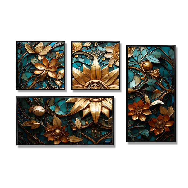 Décoration murale rétro dorée et bleu sarcelle 3D - Or 4 pièces, Noir, Impression encadrée sans passe-partout