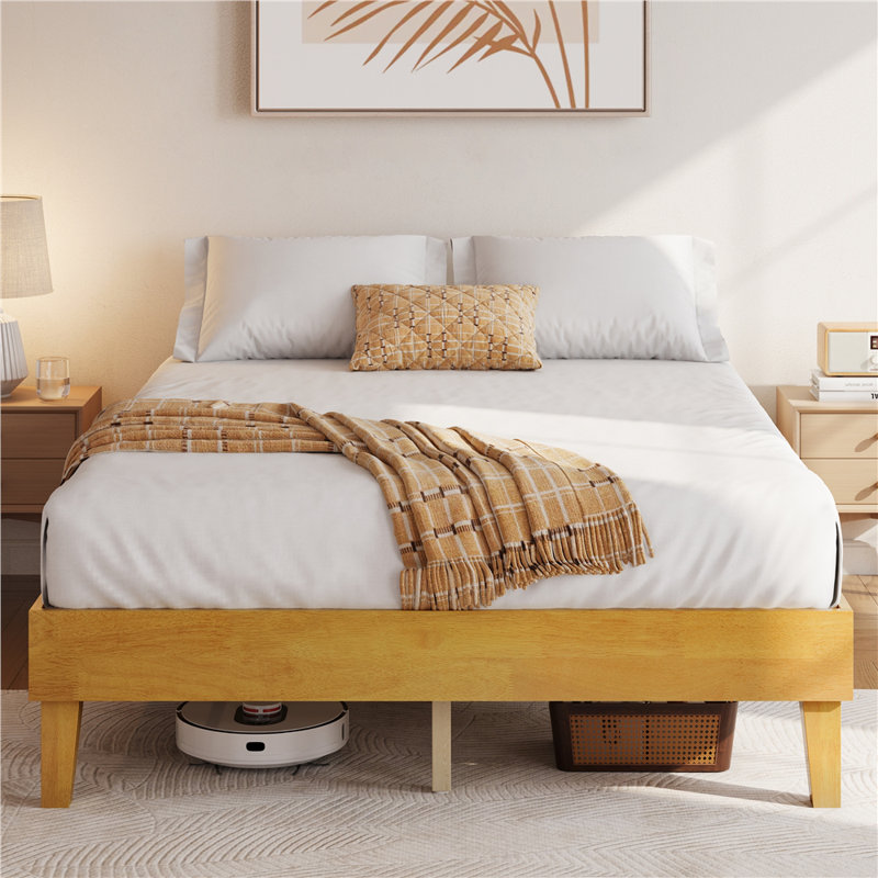 Multi-sized Wooden Platform Bed Frame with Sturdy Slat Support, Natural Wood, Queen