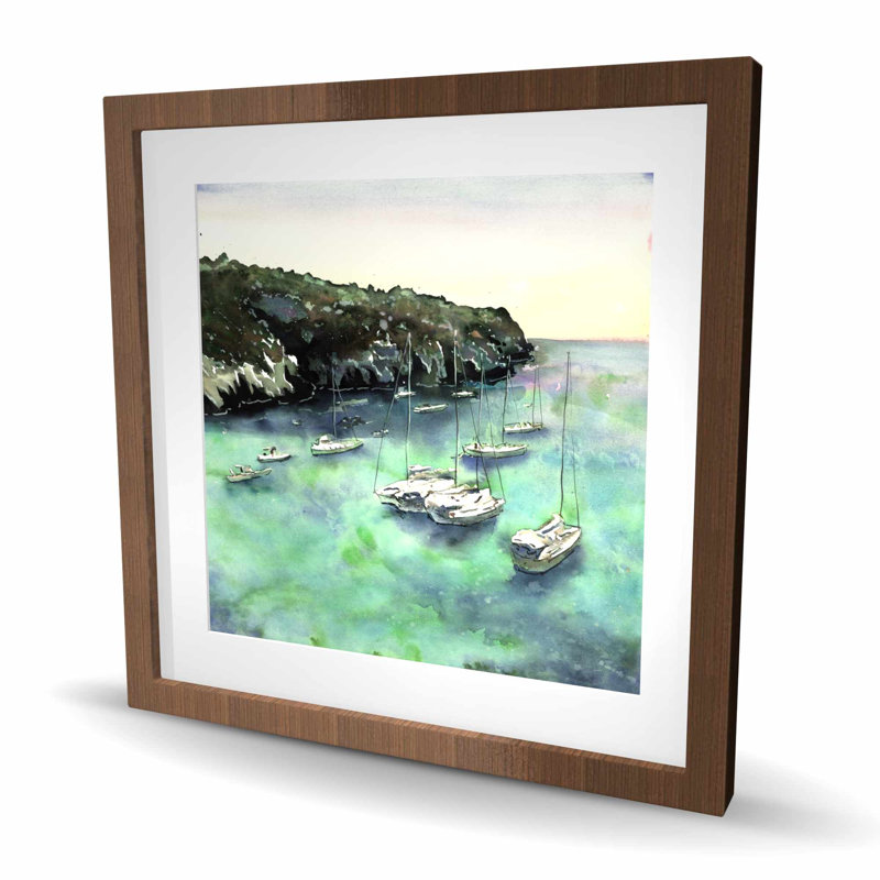 Bateaux à cala Macarella, impression encadrée de salle de bain côtière, H 24 po x l 24 po, Brun