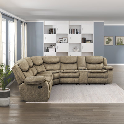 Hanhalyn 105" Traditional Microfiber 3-Piece Sectional Sofa with Right Console with 3 Manual Recliners, Integrated Console with Storage & Cup Holders