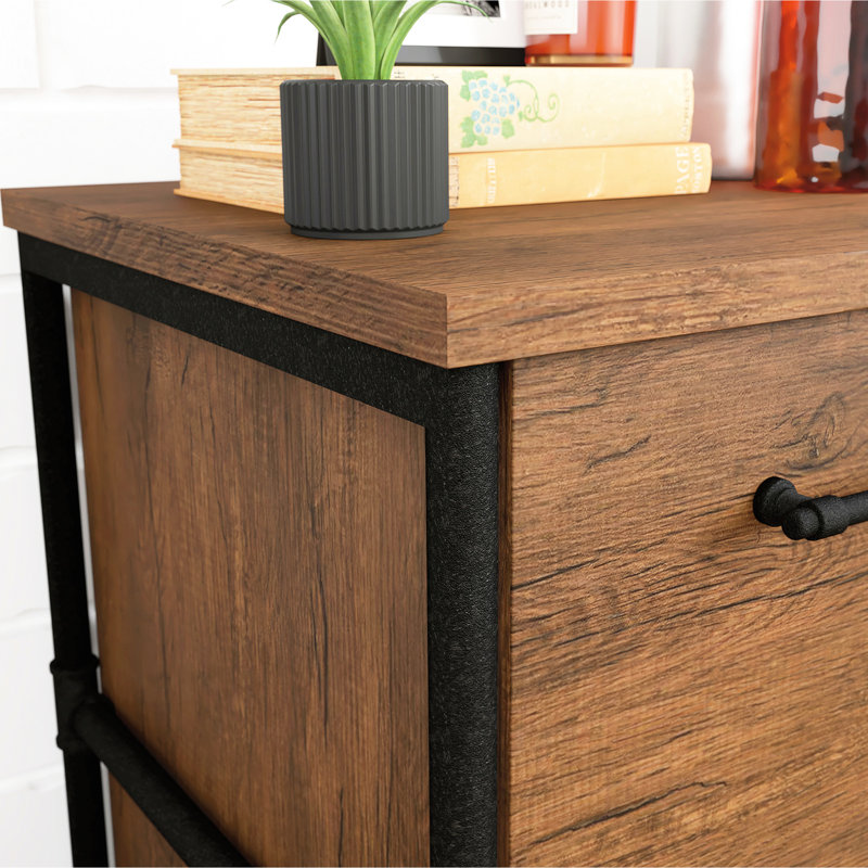 Classeur latéral au fini brun pour l'organisation de documents de bureau et d'étude à domicile, tiroirs à extension complète, aménagement légal pour la lettre, chêne chaleureux, décor à emboîtement, assemblage rapide, texturé