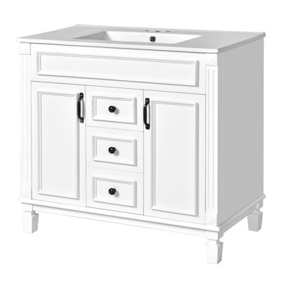 Meuble-lavabo 36 po avec lavabo supérieur, armoire de rangement moderne avec 2 portes à fermeture douce et 2 tiroirs, meuble-lavabo simple