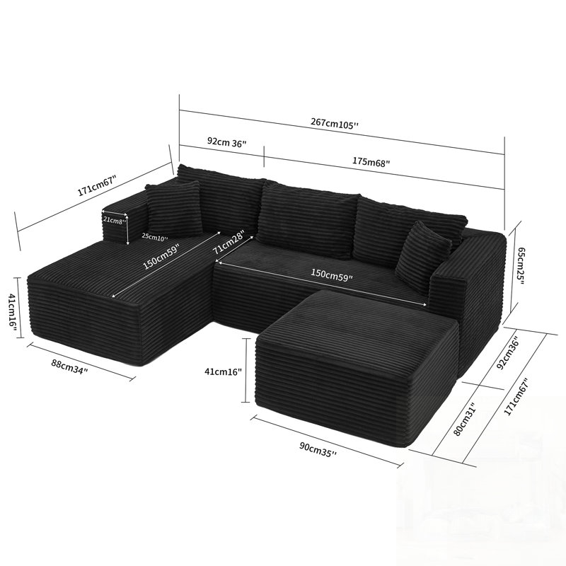 Canapé modulaire en L avec conception modulaire, confort en nuage et rangement pratique pour les salons modernes, Black