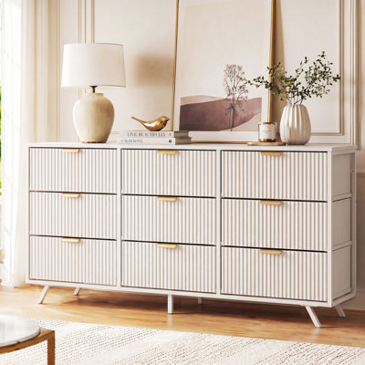 57" W Modern 9 Drawer Dresser with Fluted Fabric Drawers, Wood Top and Anti-Tipping Device