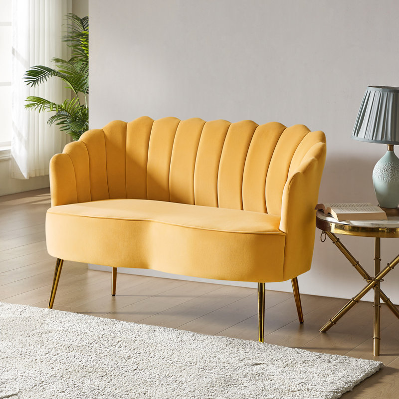 Donata 128cm W Modern Velvet 2 Seat Sofa with Tufted Flower-Shaped Back, Mustard