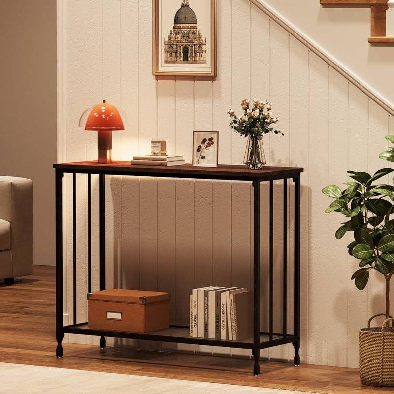 33.5 Inch Entrance Table,Sofa Table with Glass Shelf and Metal Frame Narrow Entrance Table, Brown