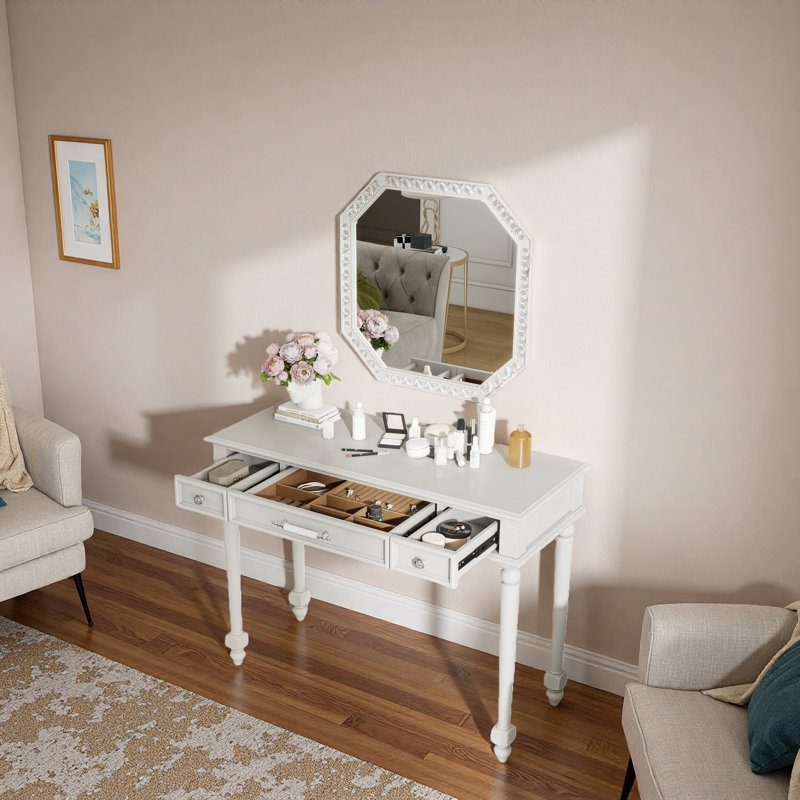 Retro Makeup Desk With Large Octagonal Mirror, 3 Drawers And Unique Design Handles