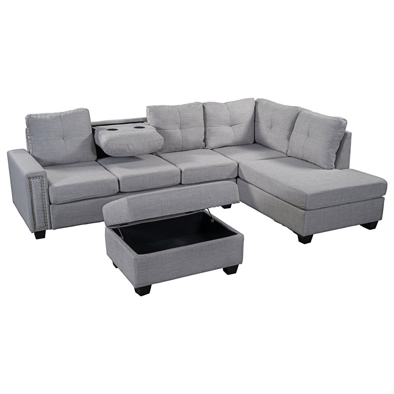 Hazael Upholstered L-Shaped Sectional Reversible, Light Gray Linen
