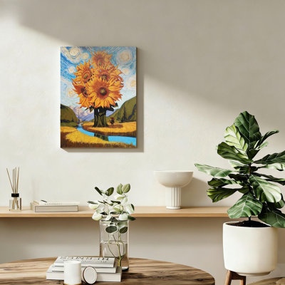 Sunflower Yellow Canvas Wall Art - Abstract Starry Night Posters Sunflower Pictures Paintin for Bathroom Living Room Home Wall Decor， Canvas Solid Wood Frame Support,16" X 24"