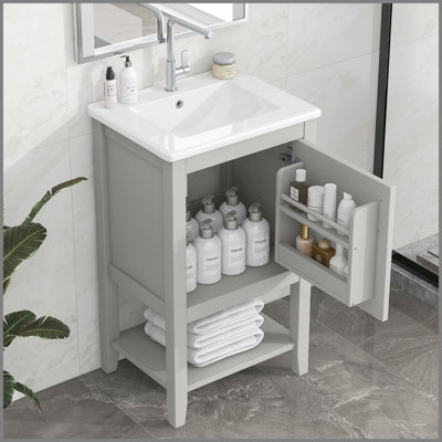 20 Inch Grey Bathroom Vanity with Sink, Soft Closing Door, Storage Rack, and Open Shelf for Modern Bathrooms