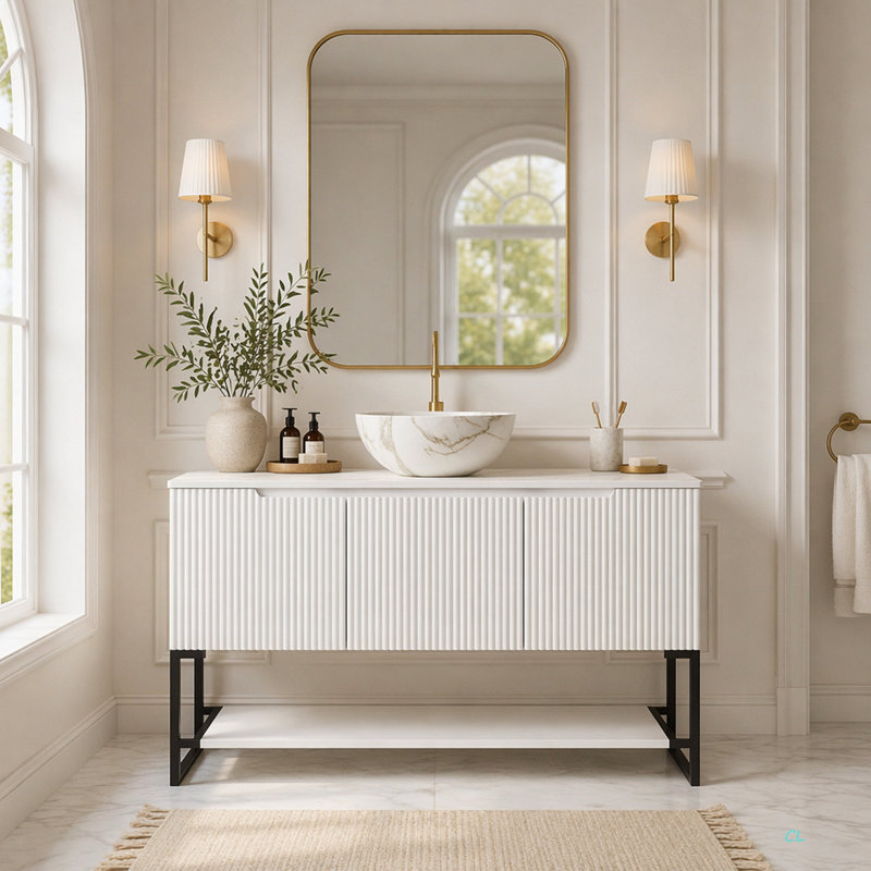 Ensemble de meuble-lavabo et de meuble-lavabo autoportant de 48 po avec 3 portes et une tablette ouverte, vasque en céramique mat avec motif en pierre et plateau en pierre frittée Carrara