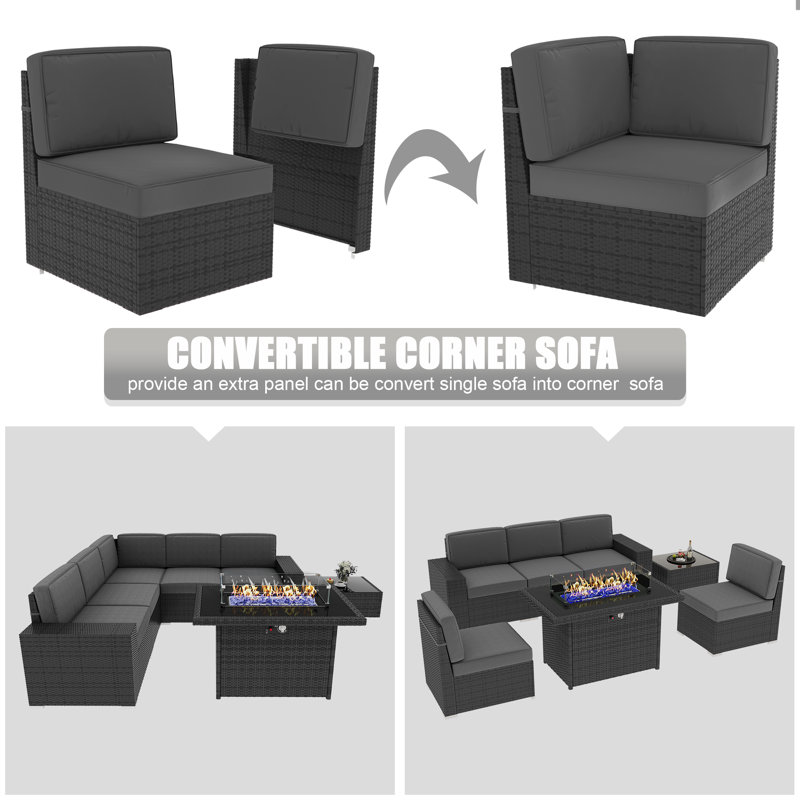  7 Pieces Outdoor Patio Furniture Set with 44" Fire Pit Table Rattan Sectional Sofa Conversation Sets, Grey, Black