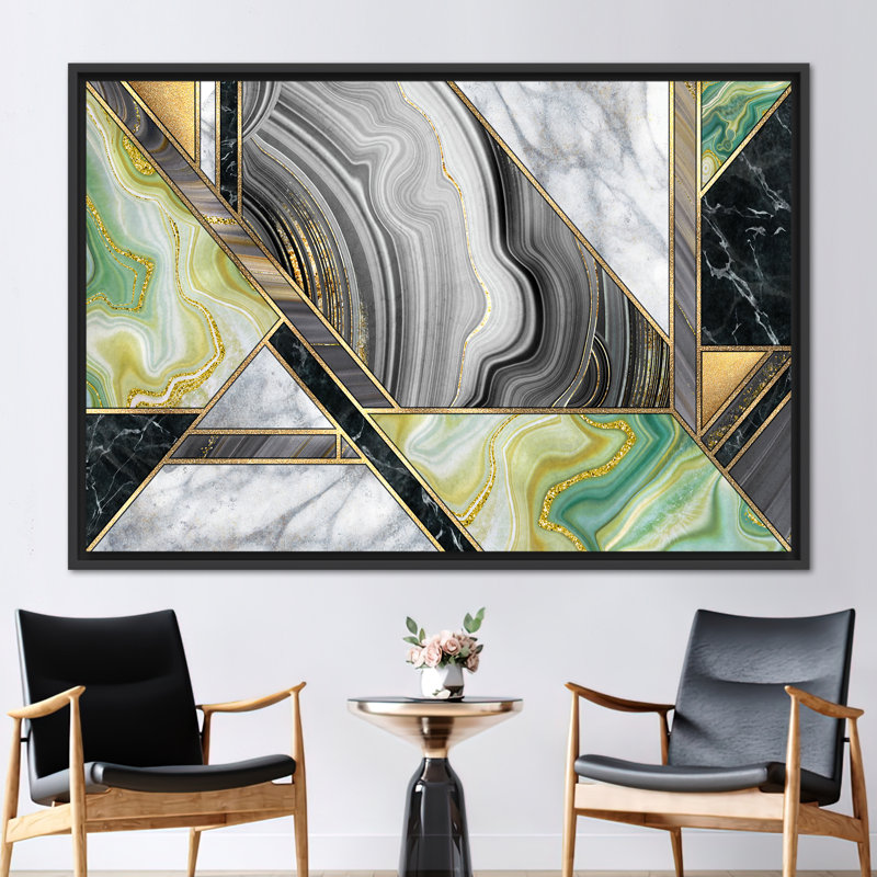 Abstract Alcohol Ink Canvas Art - Shimmery Modern Marble Wall Decor Poster, Framed Print without Mat, Black