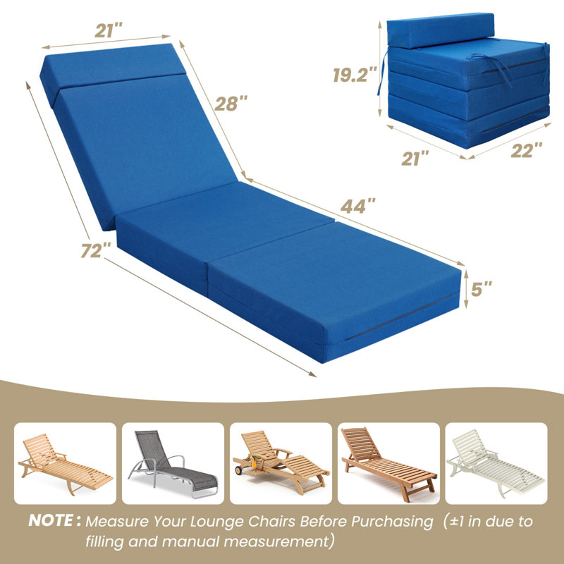 21in 2 Pcs Chaise Lounge Cushions Outdoor, Waterproof Furniture Cushions With Removable Cover, Beige/Blue, Blue