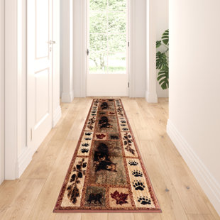 3' x 4' Patchwork Bear & Pinecones Green Rectangle Nylon Area Rug