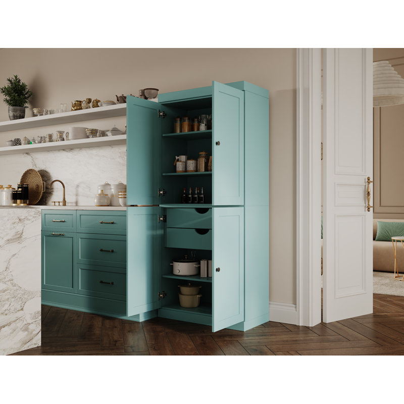 Garde-manger 100% bois massif 32 po avec portes Shaker, 2 tiroirs et tablettes réglables, Bleu turquoise