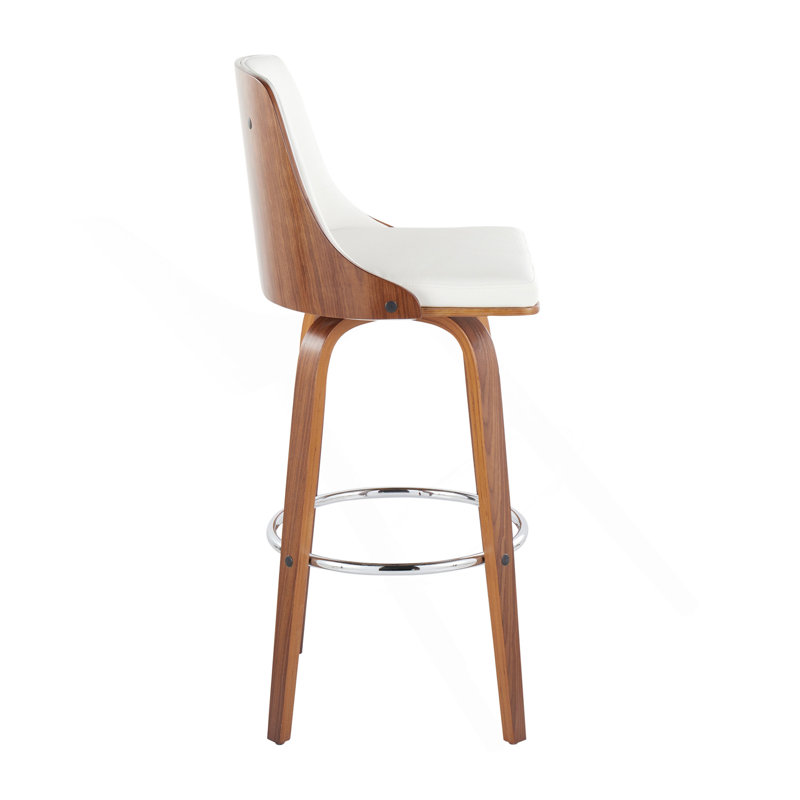 Gianna Mid-Century Modern Fixed-Height Barstool With Swivel In Walnut Wood And White Faux Leather With Round Chrome Metal Footrest By Lumisource - Set Of 2