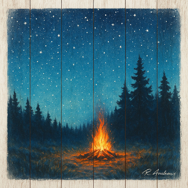 «Fireside Nightfall - Rustic Campfire», art sur toile avec planches de bois