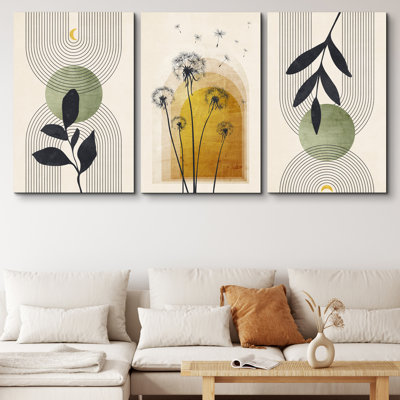 Mid Century Modern Boho Green Yellow Abstract Botanical Decor - 3 Piece Set Canvas Print Wall Art