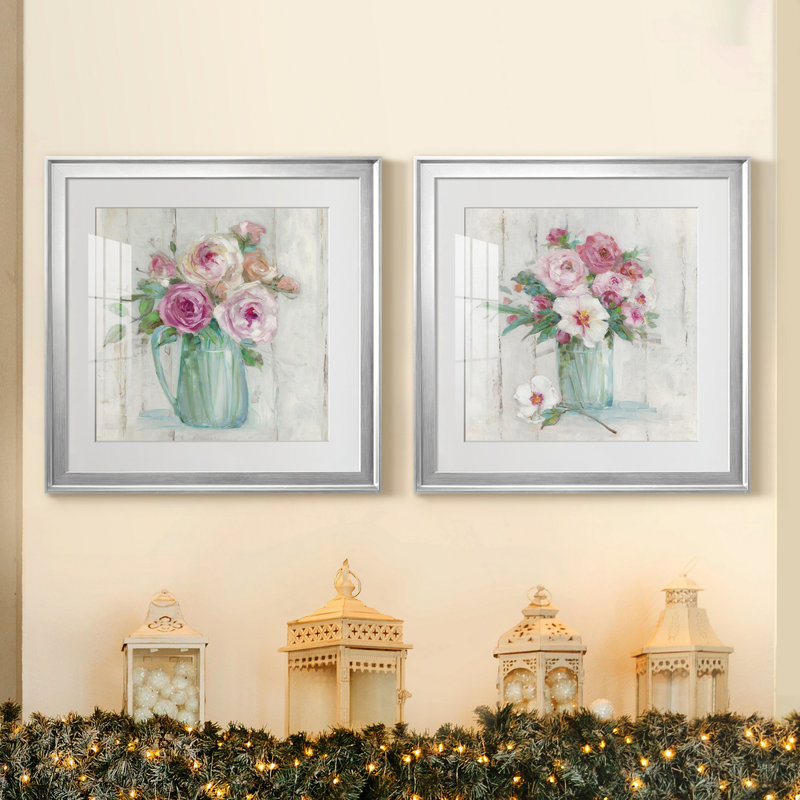 «Cottage Sweet Bouquet I», ensemble de 2 reproductions d'art sur papier encadrées, H 17,5 po x l 35 po x P 1,5 po, Blanc