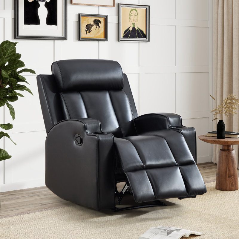 31.5'' Wide Modern Faux Leather Manual Recliner Chair With Dual Cup Holders And Overstuffed Backrest, Black