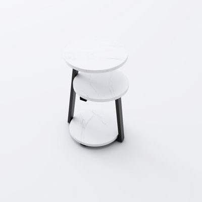 Table de chevet à 3 niveaux avec rangement, coloris blanc et noir, structure en métal, idéale pour le chevet, petite table d'appoint ronde, plateau imitation bois, gain de place dans le salon, installation rapide