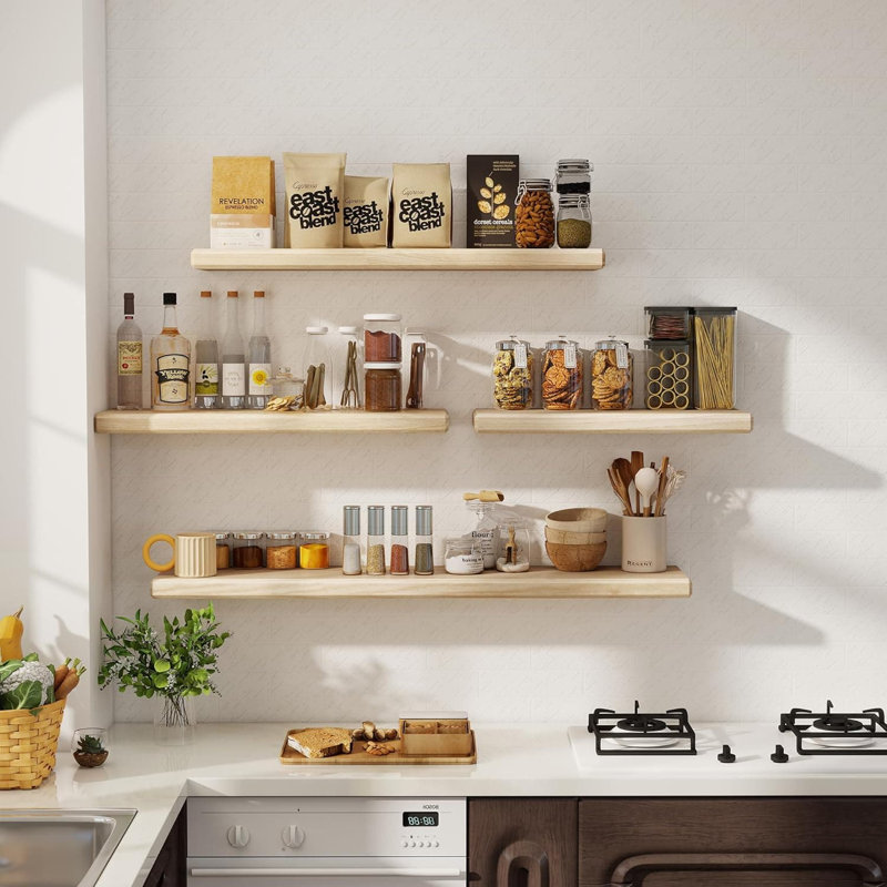 Natural Wood Floating Shelves Set | Rustic Solid Paulownia Wood Wall Shelf With Invisible Brackets | Beveled Edge Design For Bedroom, Kitchen, Bathroom & Living Room Storage