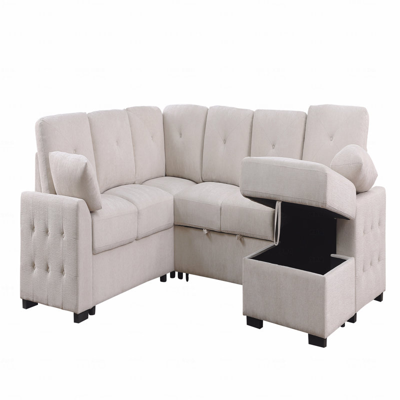 Canapé d'angle multifonctionnel en L avec rangement et lit convertible, Chenille beige