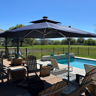 Outdoor 12FT Double Top Square Deluxe Lighted Cantilever Umbrella With Base,Navy