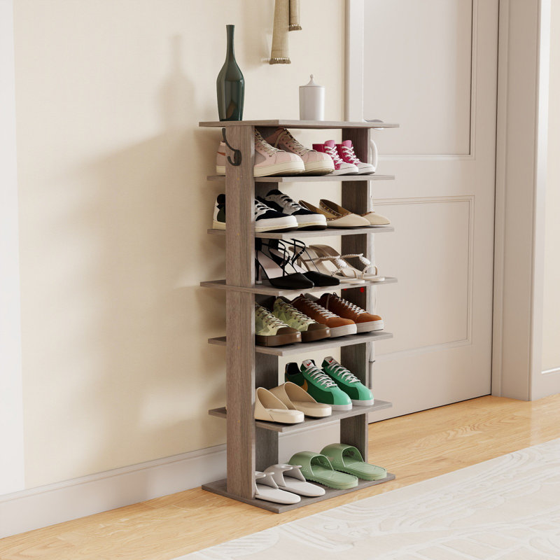 Shoe Rack,7 Tier Shoe Storage Organizer with Hooks, Entryway Shoe Tower,12-14Pairs Shoes,Vertical Shoe Organizer,Vertical Shoe Organizer,Easy Assemble,Saving Space,Rustic Gray