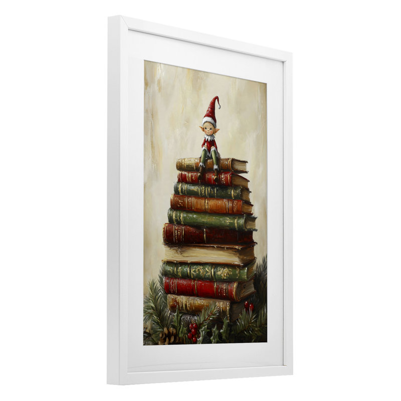 «Christmas Elf Bookstack», reproduction sous verre encadrée, design par Petal Prints Design, H 23 po x l 17 po