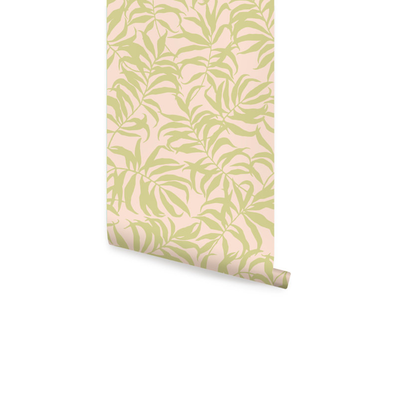Tropical Palm Leaves Solid Peel And Stick Vinyl Wallpaper, Pink/Green