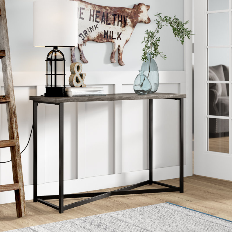 Ashwood Grain Console Table with Iron Base, Brown/Gray