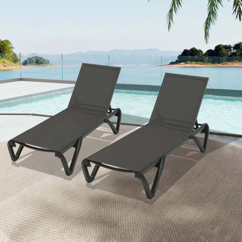 Pool Lounge Chairs Set Of 2, Aluminum Adjustable Outdoor Chaise Lounge With Wheels, All Weather Poolside Chairs For Deck Lawn Patio Backyard, Textilene