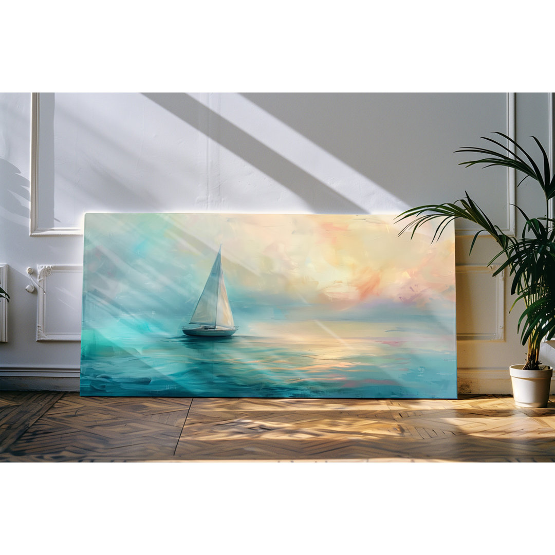 Leinwandbild gerahmt 120x60cm Segelboot Kunstvoll Meer Pastelltöne Horizont Sonnenuntergang