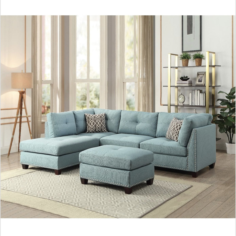 Canapé modulaire et repose-pieds Kamilly, Mélange de lin bleu sarcelle clair, Orienté à gauche (vu de face)