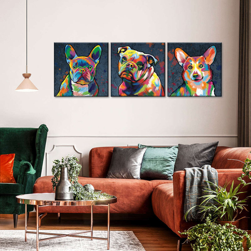 "Dog Alerte Dogs", ensemble de 3 reproductions de couleurs abstraites sur toile par Jude A, H 18 po x l 57 po x P 1,25 po