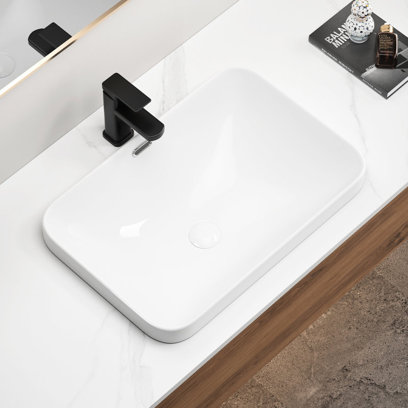 Lavabo de salle de bain encastré en céramique blanc laiteux 22,41 po x 15,61 po 6,7 po, lavabo sans couture, style américain, surface teintée, revêtement sécuritaire, ajustement