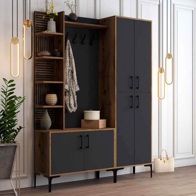 Hall Tree 59.06'' Wide with Shoe Storage, Walnut/Anthracite