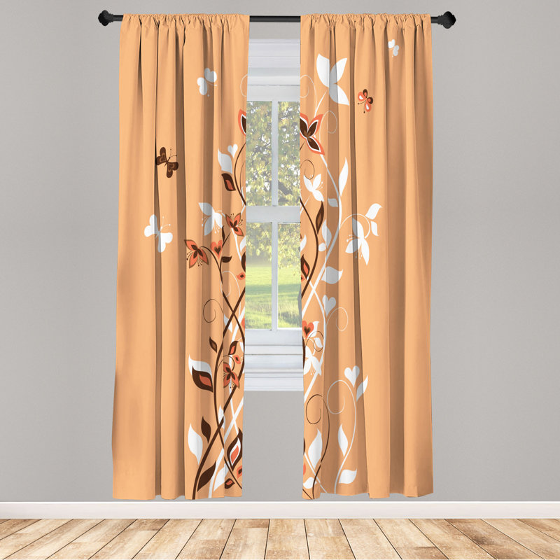 Microfiber Floral Semi-Sheer Rod Pocket Curtain Panels, 28" W x 84" L, White/Dark Brown/Orange