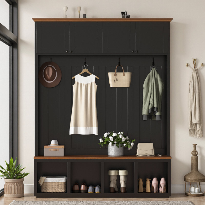 59" Entryway Hall Tree with Bench & Storage, Farmhouse Wood-Grain Accent 4-in-1 Organizer with Cabinets, Coat Racks & Hooks, Freestanding MDF Cabinet for Hallway, Living Room