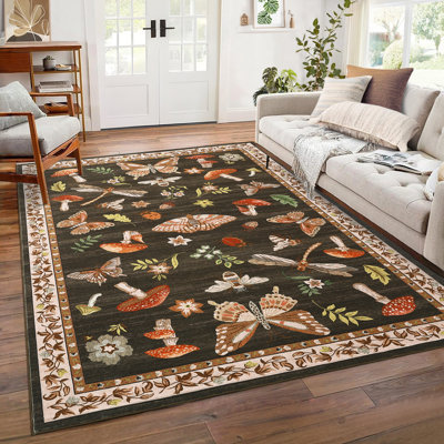 Tapis lavable pour le salon, tapis décoratif à motif floral d'insecte doux antidérapant, tapis d'intérieur pliable résistant aux taches pour la salle à manger, le bureau, la salle de jeux, la chambre de bébé