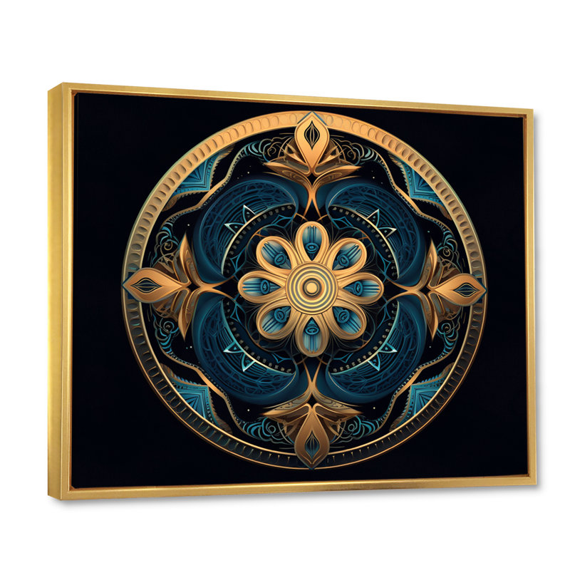 Ancienne Atlantis Mandala en or et turquoise I, reproduction sur toile, H 24 po x l 32 po x P 1 po, Cadre flottant doré