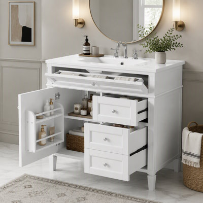 Meuble-lavabo 36 po avec lavabo supérieur, meuble-lavabo moderne avec 2 tiroirs et tiroir escamotable, meuble-lavabo simple