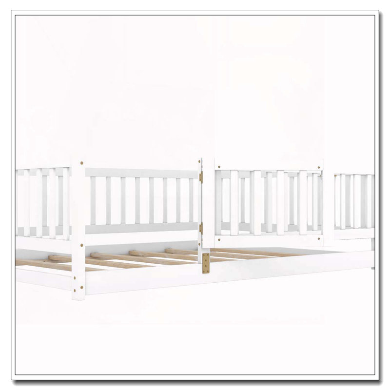 Lit double sur pied avec lattes, lit sur pied Montessori avec clôture et porte, Blanc
