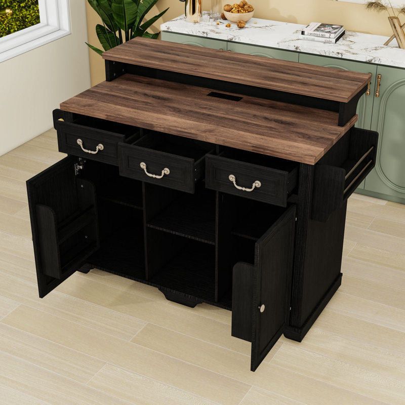 Îlot de cuisine roulant avec rangement, tablettes réglables, prise de courant, 3 tiroirs et comptoir de bar, Ash Black