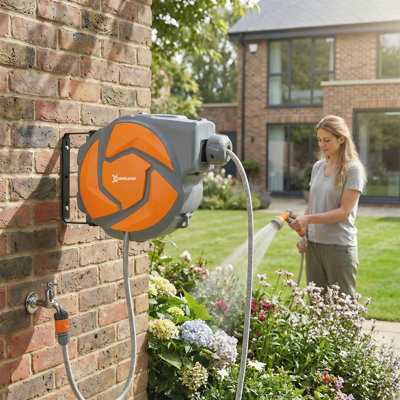 DURHAND 10m Garden Hose Reel Wall Mounted Auto Rewind, Dark Grey and Orange