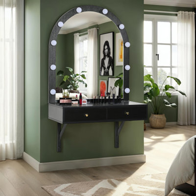 Coiffeuse de maquillage murale - coiffeuse flottante 31,5 po avec miroir à DEL 3 couleurs, port USB / prise de courant et grands tiroirs