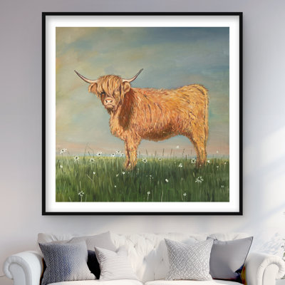 «Daisy the Highland Cow - Botanical Green», reproduction d'art encadrée